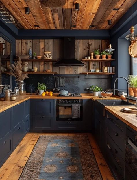 Dark Blue Kitchen, Craftsman Kitchens, Dark Blue Kitchens, Slate Kitchen, Log Home Kitchens, Kitchen Colour Combination, Tiktok Influencer, Dark Grey Kitchen, Cosy Kitchen