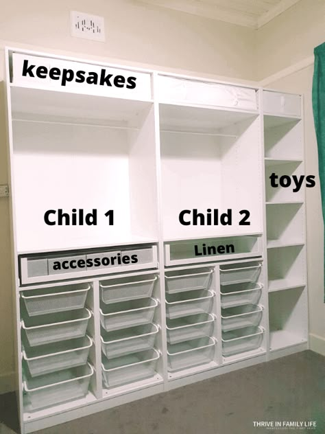 Nursery Pax Wardrobe, Twin Wardrobe Ideas, Clothes And Toys Closet, Clothes Storage Room, Closet For Toys, Shared Bedroom Closet Organization, Ikea Wardrobe Kids Room, Ikea Pax Nursery Closet, Kids Room Clothes Storage