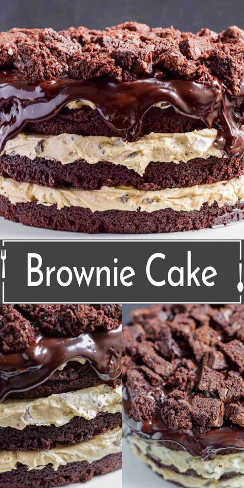 This decadent brownie cake recipe blends three beloved desserts: the rich, fudgy texture of brownies, irresistible chocolate chip cookie dough, and the structure of a cake. Fudge Brownie Cake Recipe, Chocolate Brownie Birthday Cake Ideas, Layered Brownie Cake, Brownie Chocolate Chip Cookie Dough Cake, Brookie Birthday Cake, Brownie For Birthday, Brownie Cookie Dough Cake, Brownie Cakes For Birthday, Cake With Brownie Layer