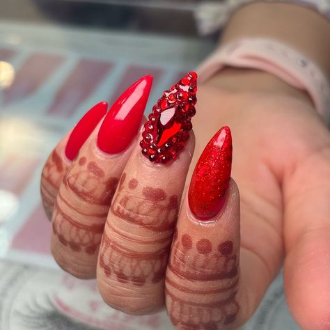 Bold and glamorous! 💋💅 These red nails with stunning stones are the perfect mix of fierce and fabulous. Ready to steal the spotlight! 💎🔥 #RedNails #NailGoals #BlingNails #NailInspo #ManicureMagic #NailAddict #LuxuryNails #NailArtistry #TrendingNails #NailsofInstagram Steal The Spotlight, Luxury Nails, Bling Nails, Red Nails, Nail Inspo, Manicure, Nails, Red, Quick Saves