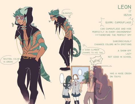 Liya 🍓hiatus🍑🍓 en Twitter: "Leon the chameleon wow so lame #bnhaoc… " Superhero Characters, Hero Costumes, My Hero Academia Memes, Superhero Design, Hero Academia Characters, Anime Inspired, Fantasy Character Design, Character Design Inspiration, Drawing Inspiration