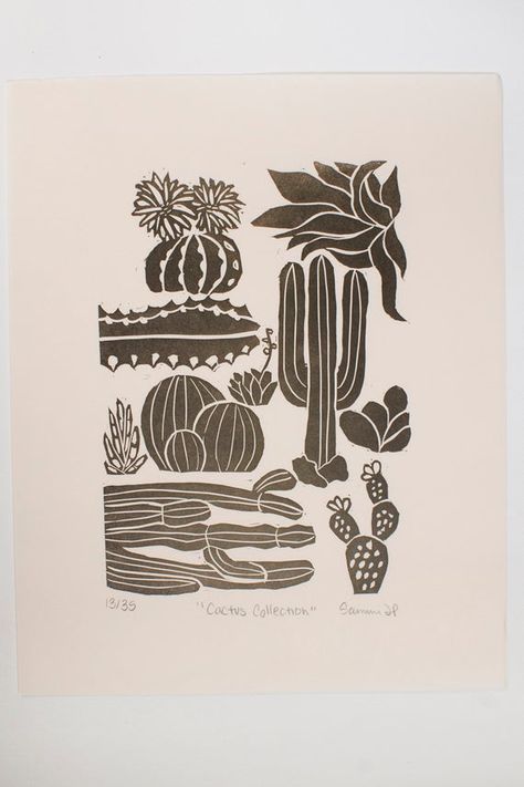 Cactus Collection Block Print | Etsy Olive Tattoo, Intaglio Printmaking, Lino Art, Stamp Carving, Relief Printing, Relief Print, Cactus Print, Time Tattoos, Linocut Prints