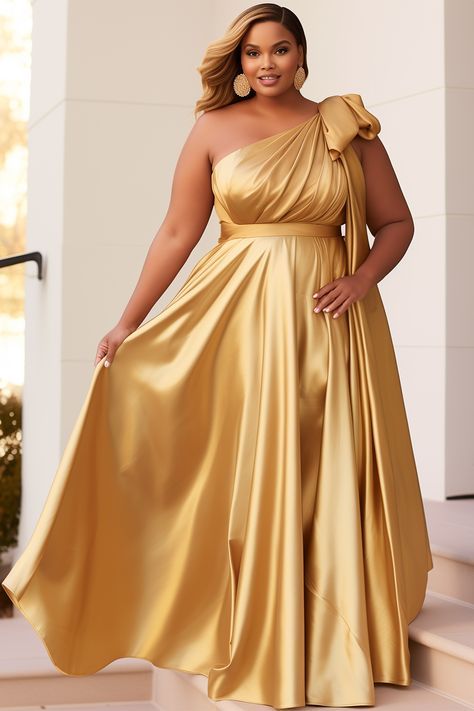 Bridal Satin Styles, Outfits To Wear To A Wedding, Bridal Satin Dress Style, Gold Jumpsuit Outfit, Plus Size Cocktail Dress Wedding Guest, Plus Size Wedding Attire Guest, Designer Dresses For Wedding, Gold Plus Size Dresses, Plus Size Bridesmaid Dresses