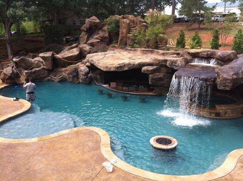 Backyard Oasis Pools: Custom Pool & Faux Rock Grotto & 40' Slide Swimup Bar, Exterior Design Backyard, Pool With Waterfall, Grotto Pool, Kolam Air, Oasis Pool, Dream Backyard Pool, Luxury Swimming Pools, Pool Waterfall