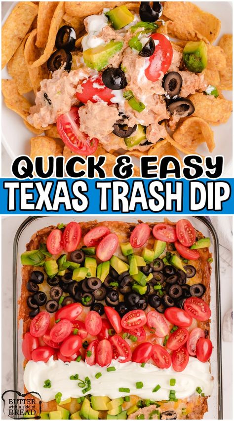 bean dip Texas Trash Bean Dip, Recipe With Refried Beans, Trash Dip Recipe, Hearty Appetizer, Hearty Appetizers, Texas Trash Dip, Layered Dip, Texas Trash, Cheese Taco