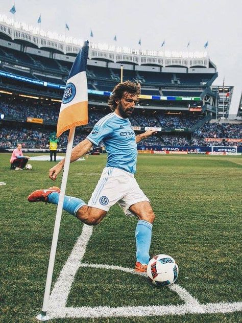 Andrea Pirlo shooting a corner kick at New York City FC, March 2016 Andrea Pirlo, Sports Merchandise, New York City Fc, Professional Soccer, Major League Soccer, Soccer League, World Cities, Fifa, Fun Sports