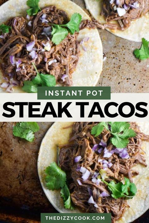 Just three main ingredients and you have these easy weeknight instant pot steak tacos. Shredded and tender steak melts in your mouth and is highlighted by a simple salsa verde. A great family dinner that is perfect for meal prep and a good freezer meal. Skirt Steak Instant Pot, Flank Steak Instant Pot, Migraine Meals, Migraine Recipes, Flank Steak Crock Pot, Shredded Steak, Instant Pot Steak, Carnivore Lifestyle, Simple Salsa