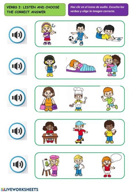 Verbs interactive activity for Elementary. You can do the exercises online or download the worksheet as pdf. Can Verb, English Liveworksheet, Listening Worksheet, Live Worksheet, Teaching Verbs, Vocabulary English, Listening Test, English Worksheet, The Worksheet