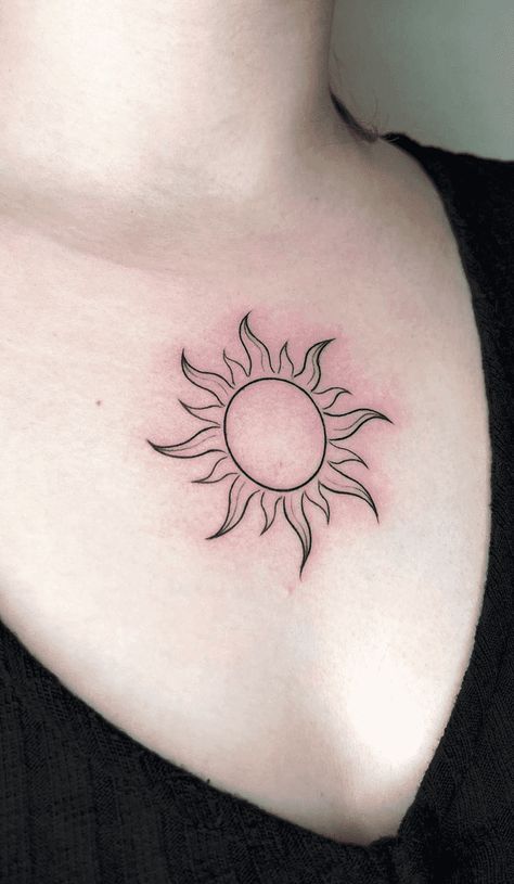 Flame Sun Tattoo, Sun Underboob Tattoo, Sun Tattoo With Flowers, Sun Chest Tattoo, Tattoo Ideas Sun, Sun Tattoo Design, Sun Tattoo Ideas, Tangled Sun, Sun Tattoo Designs