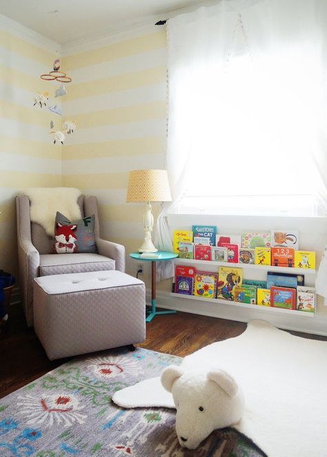 bookshelves under the window (would work except for the radiators) -- George's Magical Woodland Nursery Nursery Wall Shelf, Baby Bookshelf, Nursery Bookcase, Nursery Layout, Low Bookshelves, Nursery Book, Nursery Bookshelf, Sweet Nursery, Trendy Baby Nursery