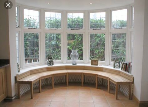 Window Seats With Storage, Kitchen Bay Windows, Bay Window Installation, Curved Banquette Seating, Bay Window Bench, Window Storage Bench, Bay Window Benches, Craftsman Front Doors, Bay Window Living Room