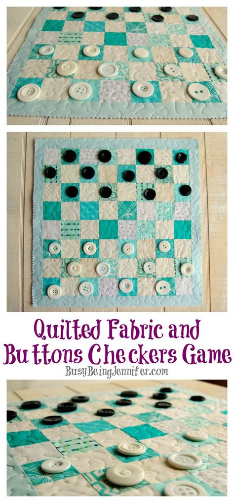 This quilted fabric checkers game board is SO easy to make, and a lot more fun… Quilted Checkerboard Game Pattern, Quilts With Buttons, Repurposed Fabric Ideas, Fabric Games, Buttons Art, Monkey Man, Checkers Game, Fabric Board, Fabric Crafts Diy