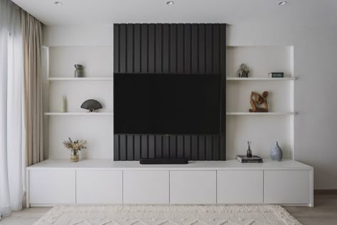 Floating Tv Unit, Recessed Shelves, Singapore Interior Design, Singapore Interior, Painted Paneling Walls, Living Room Wall Units, Gym Wall, Floating Tv, Interior Design Singapore