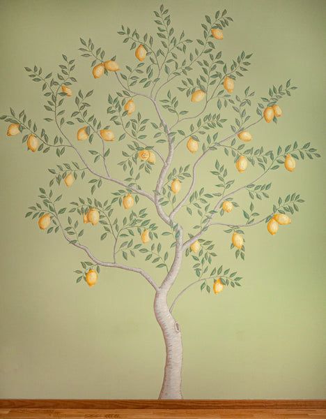 Mural Tree Paintings, Lemon Tree Wall Mural, Lemon Mural Wall, Orange Tree Mural, Olive Tree Mural, Lemon Tree Mural, Apple Tree Mural, Botanical Mural Painting, Bathroom Mural Ideas Painted