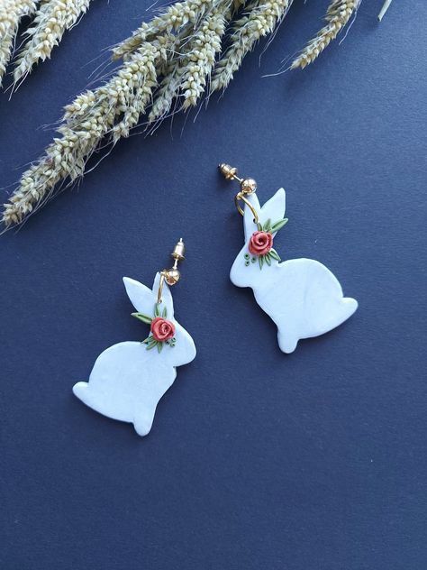 Rabbit Clay Earrings, Easter Bunny Polymer Clay Earrings, Polymer Clay Rabbit Earrings, Bunny Polymer Clay Earrings, Clay Bunny Earrings, Bunny Clay Earrings, Easter Earrings Diy, Clay Easter Earrings, Animal Clay Earrings