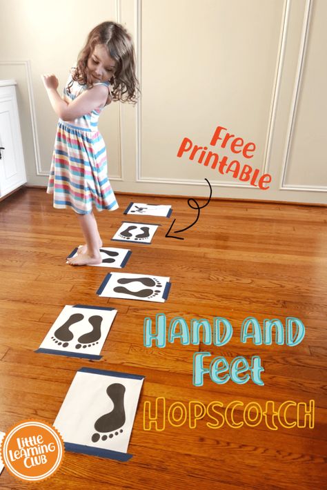 Such a fun gross motor activity! Hand and feet hopscotch! Free printable in post Body Movement Activities For Preschool, All About Me Gross Motor Activities Preschool, Hand And Foot Hopscotch Game, Pre K Dance Activities, Exercise Activity For Preschool, All About Me Large Motor Activities, Movement Theme Preschool, Weather Gross Motor Preschool, Transportation Gross Motor Preschool