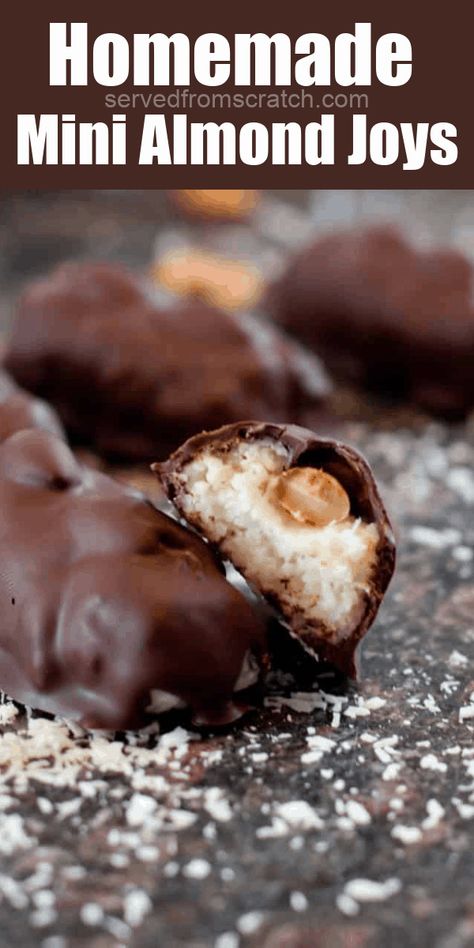 Homemade Mini Almond Joys are incredibly easy to make and taste just like the candy bar! #almondjoys #recipe #easy #candy #minicandy Almond Joy Bars Recipe, Almond Joys, Almond Joy Candy, Almond Joy Bars, New Years Appetizers, Dessert Inspiration, Almond Joy Cookies, Easy Candy, Almond Joy