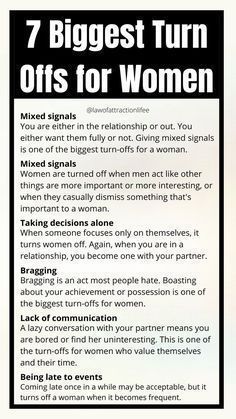 7 biggest turn off for men Biggest Turn Offs For Women, Turn Offs For Women, Turn Offs, Relationship Journal, Communication Relationship, Relationship Lessons, Relationship Therapy, Relationship Advice Quotes, Relationship Psychology