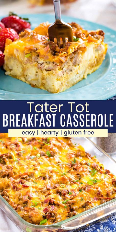 For a savory and hearty breakfast, make Tater Tot Breakfast Casserole! Packed with bacon, sausage, eggs, and plenty of cheese, this is a filling one-dish meal that will keep you going all morning long. It's perfect to feed a crowd, whether it's a holiday brunch or just a bunch of your kids' friends at a sleepover. And it's gluten-free! Tator Tot Breakfast, Breakfast Casserole With Bacon, Gluten Free Breakfast Casserole, Egg Casseroles, Tot Breakfast Casserole, Easy Tater Tots, Breakfast Bakes, Tater Tot Recipes, Tater Tot Breakfast Casserole