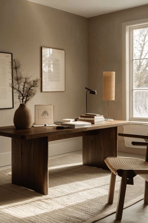 55+ Chic Japandi Home Office Ideas for a Productive Retreat Dark Wood Office Desk, Japanese Workspace, Japandi Office Interior, Limewash Office, Japandi Home Design, Japandi Workspace, Japandi Door, Modern Organic Office, Study Room Inspiration