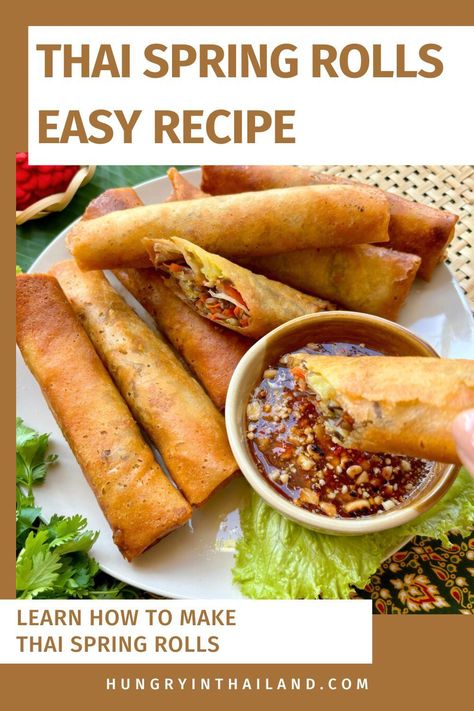 Try this simple Thai spring rolls recipe, filled with vegetables and ready to dip in peanut sauce or sweet chili. They're an easy, fried treat that makes a great appetizer or snack. Fried Spring Rolls Vegetarian, Thai Fried Spring Rolls, Thai Rolls Spring, Thai Spring Rolls Recipe, Best Spring Roll Recipe, Thai Spring Rolls With Peanut Sauce, Spring Roll Recipe Vegetable, Spring Roll Wrapper Recipes, Thai Appetizer Recipes