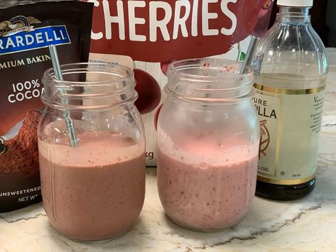 Chocolate and Vanilla Cherry Smoothies - Judy Matusky, RDN, LDN Low Fat Smoothies, Yogurt Desserts, Cherry Granola, Easy Dinner Desserts, Sour Cherries, Cherry Smoothie, Frozen Berries, Yogurt Smoothies, Low Fat Yogurt