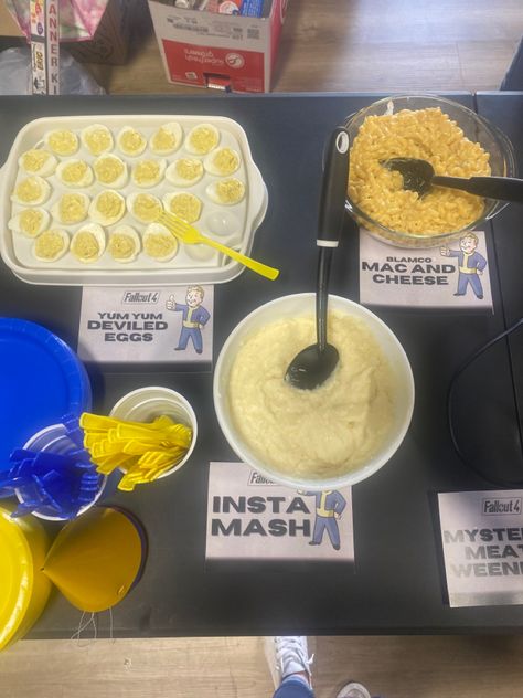 Fall Out Birthday Party Ideas, Fallout Themed Dinner, Fallout Food Ideas, Fallout 4 Birthday Ideas, Fallout Themed Party Food, Fallout Party Food, Fallout Birthday Party, Fallout Party Ideas, Fallout Themed Party