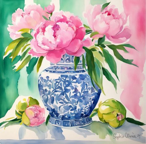 Watercolor Chinoiserie, Grandmillennial Decor, Preppy Chic Style, Chinoiserie Prints, Grandmillennial Style, Blue And White Art, Antique Paintings, Grand Millennial, Watercolor Flowers Tutorial