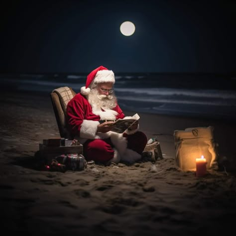 Santa Relaxing After Christmas, Kersfees Boodskap, Christmas Photo Challenge, Beach Christmas Pictures, Santa At The Beach, Photo Challenge Ideas, Santa On The Beach, Nautical Cottage, Holidays Calendar