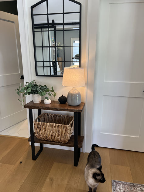 Needed a custom table for this entryway due to the space we had.   Love how this small entryway creates a big impact. Modern Farmhouse Entry, Small House Ideas, Small Entry Tables, Small Entryway Table, Farmhouse Entry, Small Entry, Entry Tables, Entryway Console Table, Entryway Console