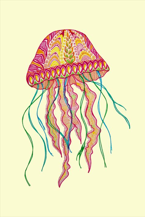 Jellyfish Zentangle/ Doodle art, inspired by this dainty looking sea creature that has been bobbing around for centuries and centuries. :) Free-hand drawn using fineliner colour pens. Zentangle Doodle Art, Jellyfish Illustration, Jellyfish Drawing, Zentangle Doodle, Jellyfish Art, Free Hand Drawing, Sea Creature, Zentangle Art, Colored Pens