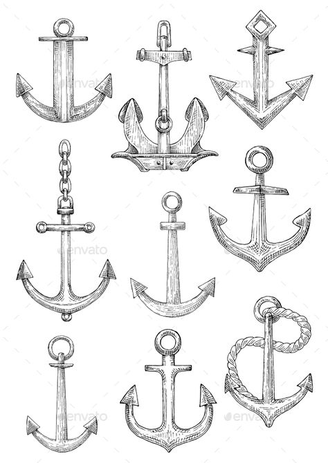 Decorative Nautical Anchors with Chain and Rope — JPG Image #nautical #travel • Available here → https://graphicriver.net/item/decorative-nautical-anchors-with-chain-and-rope/17000235?ref=pxcr Anchor With Chain Tattoo, Nautical Drawing, Anchor Drawings, Rope Tattoo, Anchor Decor, Anchor Tattoos, Nautical Tattoo, Geniale Tattoos, Nautical Anchor