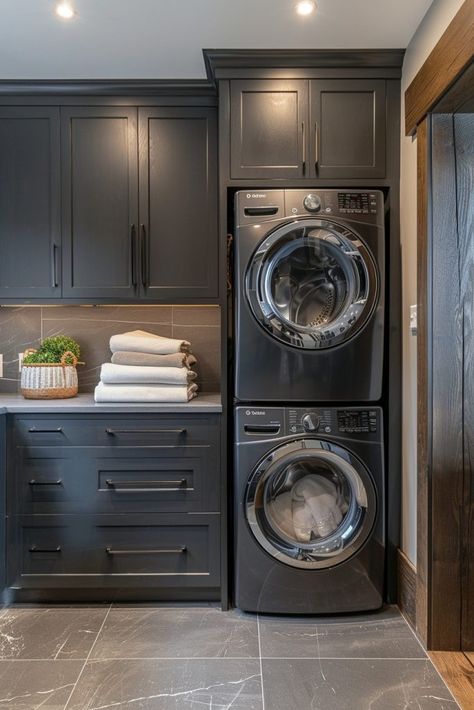 29 Stacked Laundry Room Ideas for Maximizing Your Space and Efficiency 17 Small Laundry Rooms Stacked Washer Dryer, Minimal Laundry Room, Stacked Laundry Room Ideas, Minimal Laundry, Laundry Room Closet Ideas, Washer Dryer Laundry Room, Stacked Laundry, Stackable Laundry, Stacked Laundry Room