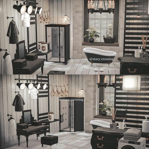 🌱🤍 𝚂 𝚃 𝙰 𝙲 𝚈 🪵🍂 on Instagram: “Finally decorated one of the rooms in my home rather than just playing around on HHP, so here is my monochrome bathroom of dreams which I…” Acnh Goth Bedroom, Acnh Black And White Room, Acnh Gothic Room Ideas, Acnh Goth House Interior, Acnh Dark Bedroom, Acnh Gaming Room, Acnh Living Rooms Ideas, Monochrome Room, Monochrome Bathroom