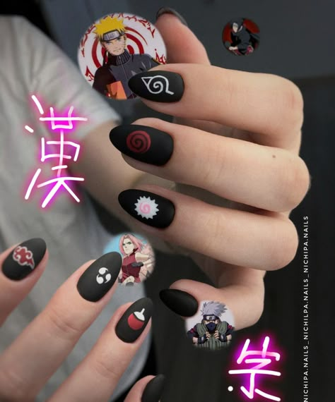 Anime Nail Inspo Simple, Naruto Themed Nails, Sasuke Nails, Short Anime Nails, Subtle Anime Nails, Kakashi Nails, Naruto Inspired Nails, One Piece Nail Design, Easy Anime Nails