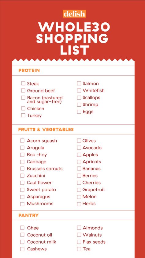 This Whole30 Shopping List Will Make Your Life Easier Clean 30 Whole 30, Whole 30 Food List Cheat Sheets, Whole 30 Diet Rules, Whole 30 List Of Approved Foods, Whole Food List, While 30, Whole Food Grocery List, Whole 30 Food List, Whole 30 Grocery List