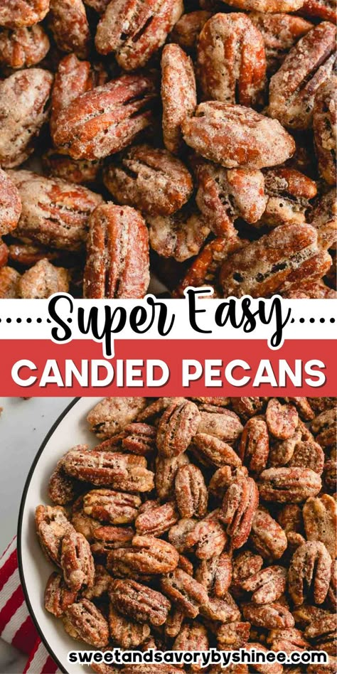 Candied pecans are an addictively crunchy snack or sweet topping! Add them to salads, cupcakes, cheese boards, and more! Naturally gluten-free and dairy-free. How To Candy Pecans For Salad, The Best Candied Pecans, Easy Candied Nuts Recipe, Nut Recipes Snacks, Pecan Candies, Candies Pecans, Candied Pecan, Pecans Candied, Candy Pecans