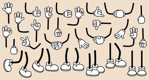 Retro cartoon feet in shoe and hands in gloves. Vintage comic legs poses and hands gestures. Different foot movements and positions. Animation mascot body parts. Vector illustration Cartoon Hand Poses, Cartoon Hands Holding, Legs Poses, Cartoons Holding Hands, Cartoon Legs, Friday Gif, Cartoon Gloves, Drawing Legs, Gloves Vintage