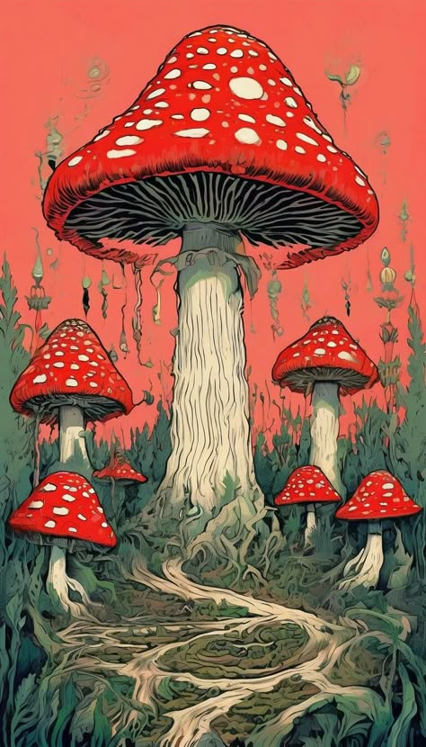 Trippy Mushroom Wallpaper, Hippie Mushroom Art, Red Mushroom Wallpaper, Shrooms Aesthetic, Hongos Aesthetic, Vintage Mushroom Art, Fungi Art, Red Mushrooms, Mushroom Wallpaper