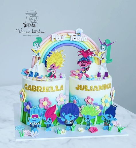 Trolls Birthday Cake for the 4th birthday of Twin Girls 💕💕Customer’s positive feedback..... 😋😋💕 #birthdqaycakes #cupcakes #buttercreamcakes #fondantcakes #customcakes #handmadetopper #cakedecor #cakedesign #sydneycake #sydneycakes #vaanskitchen #spongecake #trollscake #trollscakes #trollsbirthdaycake Trolls Cake Ideas, Trolls Cakes, Trolls Birthday Party Cake, Troll Cupcakes, Trolls Birthday Cake, Trolls Cake, Poppy Trolls, Trolls Party, Trolls Birthday Party