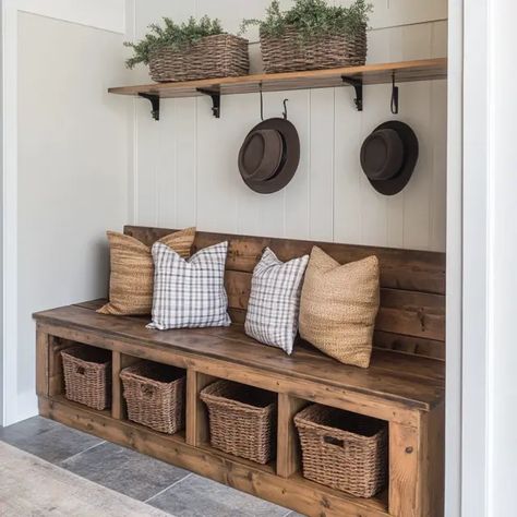 How to Build a Custom Mudroom Bench with Storage - Recipes Time Storage Seats Bench, Hallway Seating Storage, Shiplap Bench Seat, Mudroom Shoe Storage Bench, Storage Benches Entryway, Diy Shoe Bench Storage, Bench Shoe Storage Entryway, Bench With Shoe Storage Entryway, Entry Bench Shoe Storage