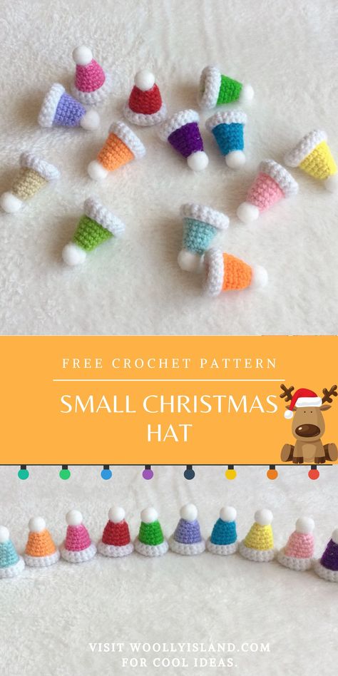 Small Christmas Crochet Ideas, Free Crocheted Christmas Patterns, Christmas Crochet Decorations Free, Quick Crochet Projects Christmas, Crochet Small Ornaments, Crochet Hat For Toys, Crochet Amigurumi Hat Free Pattern, Small Hat Crochet, Small No Sew Crochet