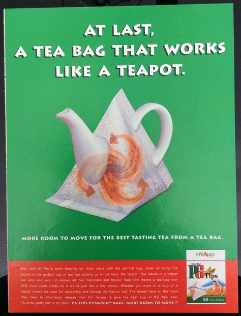 PG Tips newspaper advert for pyramid tea bags Pg Tips, Candy Treats, Tea Bags, Tea Bag, Pyramid, Newspaper, Swirl, Tea Pots, Candy