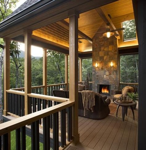 Outside Fireplace Deck: NC Mountains | Content in a Cottage Covered Deck With Fireplace, Deck With Fireplace, Deck Fireplace, Pergola Ideas, Covered Deck, Real Estat, Casa Exterior, Outside Living, Building A Shed