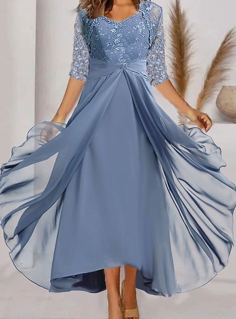 Women's Party Dress Lace Dress Swing Dress Long Dress Maxi Dress Blue Half Sleeve Pure Color Patchwork Spring Summer Dress V Neck Romantic Wedding Birthday 2023 S M L XL 2XL 3XL 2024 - $51.99