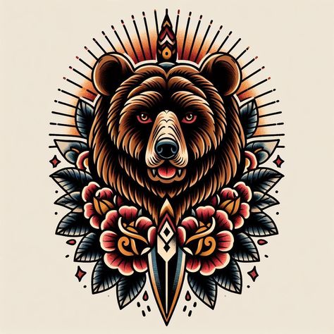 Bear Tattoos Traditional, Traditional American Tattoo Design, Tropical Traditional Tattoo, Traditional Panda Tattoo, Old School Bear Tattoo, Traditional Bear Head Tattoo, Tattoos For Guys Traditional, Bear Traditional Tattoo, American Traditional Bear Tattoo