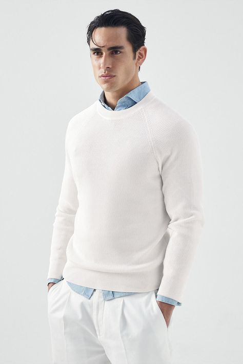 Shirt Under Sweater Outfit, Shirt Combination Men, Shirt Under Sweater, 21 Outfits, Fashion Inspo Casual, Sweater Outfits Men, Rib Sweater, Blue Denim Shirt, White Polo Shirt