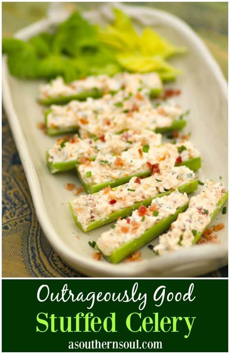 Celery stuffed with cream cheese, bacon, herbs and cheddar cheese are outrageously good! Served as an appetizer or snack, this is a recipe that's sure to become a favorite at parties, BBQs and family gatherings. Stuffed Celery, Veggie Snacks, Queso Cheddar, Recipe Simple, Easy Food To Make, Healthy Nutrition, Appetizers Easy, Clean Eating Snacks, Nutrition Recipes