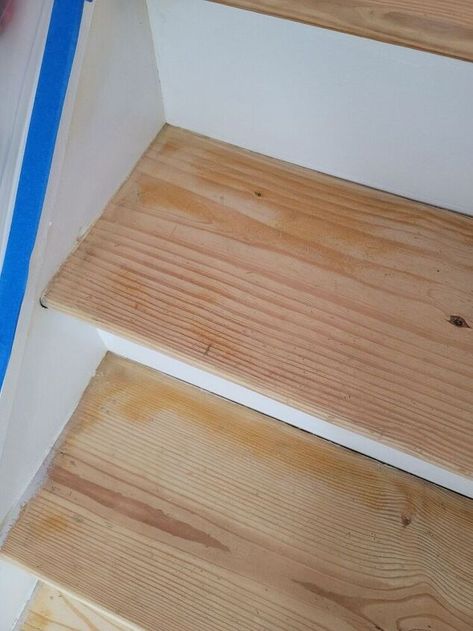 Basement Stairs Door, Pine Stairs Ideas, Stairs To The Basement, Finishing Stairs Basement Steps, Finishing Basement Stairs, Diy Steps Indoor, Diy Stair Caps, Basement Steps Redo, Diy Stair Treads Cheap