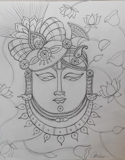 Shrinathji Pichwai Paintings Sketch, Shrinathji Drawing Sketch, Srinathji Drawing, Shrinathji Rangoli Designs, Shrinathji Sketch, Pichwai Drawing For Tracing, Pichwai Paintings Motifs Printable, Shrinathji Drawing, Shreenathji Drawing